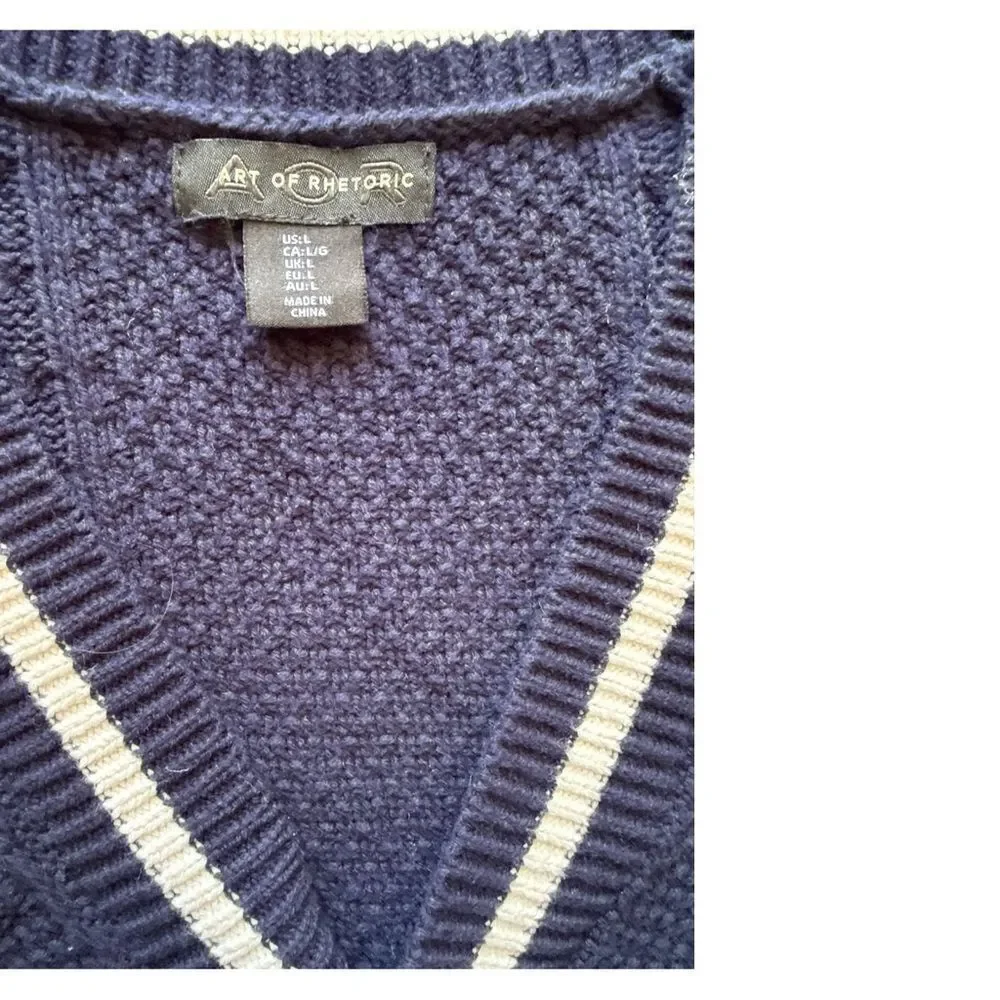 Art of Rhetoric V Neck Navy Blue Cable Knit Cardigan with Letter Patch Preppy